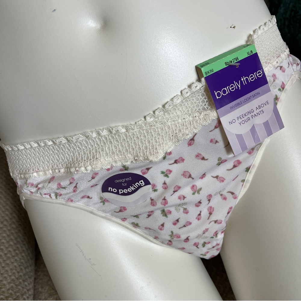 NWT Vintage Barely There Nylon Bikini Panty XL 8 Pink Rosebud Lace Trim - Picture 7 of 10